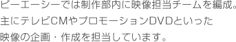 ピーエーシーでは制作部内に映像担当チームを編成。主にテレビCMやプロモーションDVDといった映像の企画・作成を担当しています。