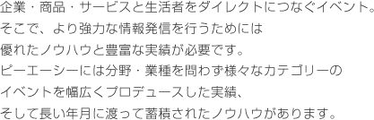 企業・商品・サービスと生活者をダイレクトにつなぐイベント。そこで、より強力な情報発信を行うためには優れたノウハウと豊富な実績が必要です。ピーエーシーには分野・業種を問わず様々なカテゴリーのイベントを幅広くプロデュースした実績、そして長い年月に渡って蓄積されたノウハウがあります。